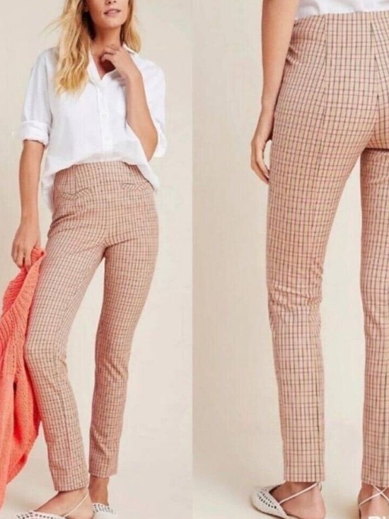 Anthropologie Pants - Anthropologie The Essential  Pink/Tan Plaid Slim Cropped Pants Size 2